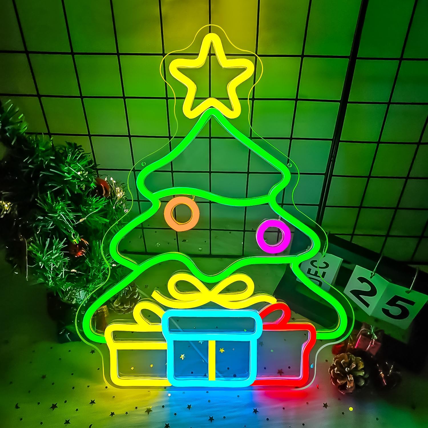 Christmas Tree & Gifts LED Neon Sign (USB-Dimmable, 32cm x 38.5cm)