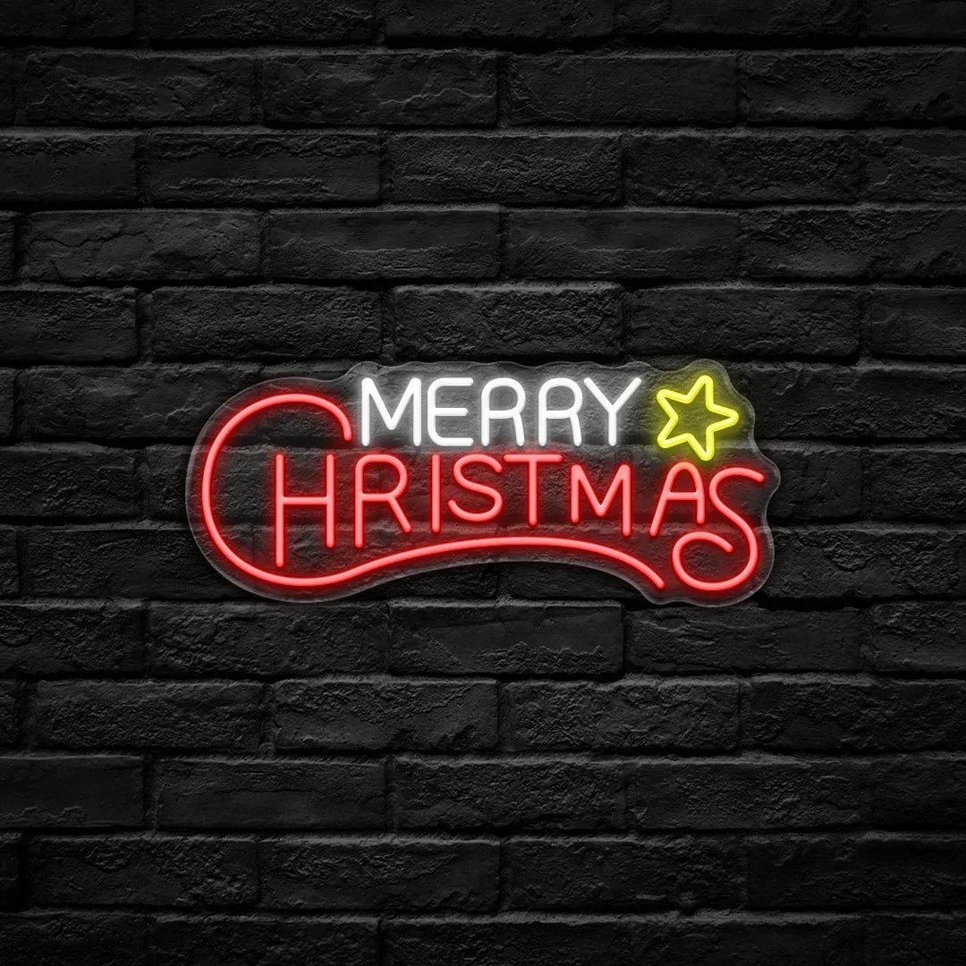 Merry Christmas with Yellow Star LED Neon Sign (USB-Dimmable 42cm x 18cm)