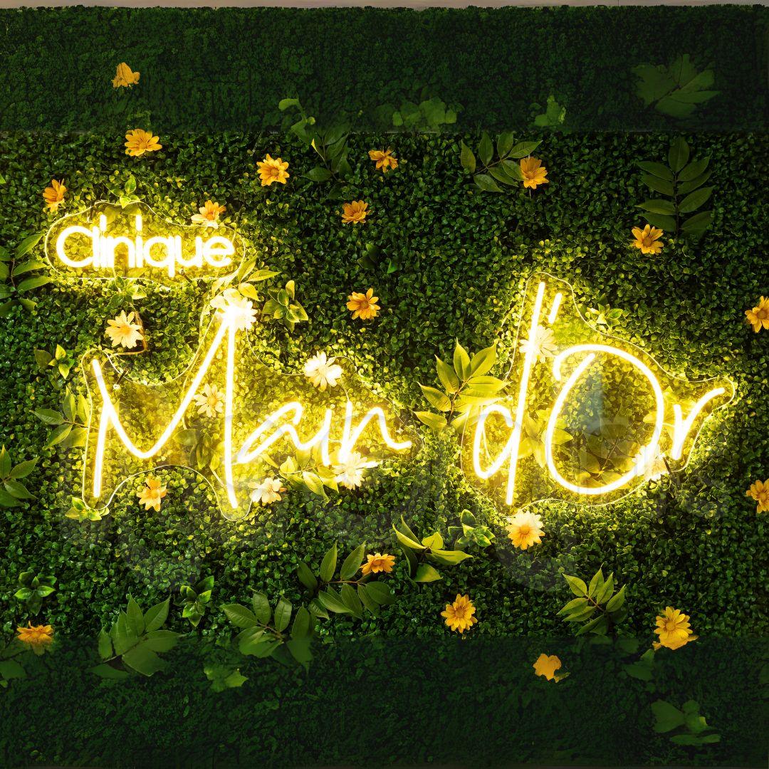 Neon sign with 'Clinique Main d'Or' on a green background with flowers