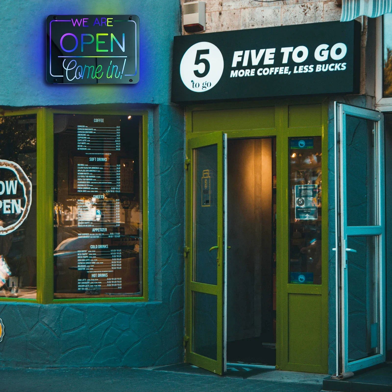 Open Sign "WE'RE OPEN - Come In" (Mirror, RGB, USB-Powered)