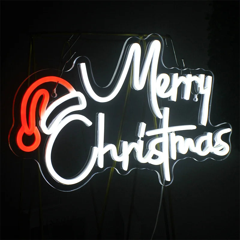 Merry White Christmas Santa Hat LED Neon Sign (USB-Dimmable, 43cm x 26cm)