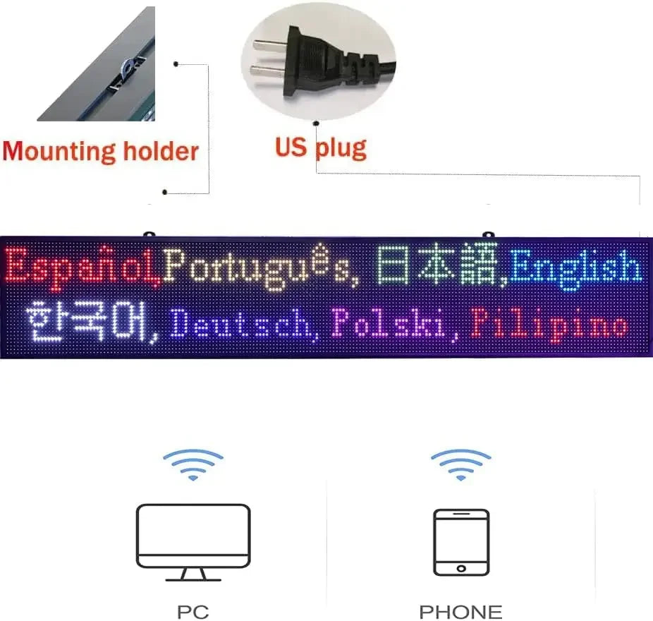 P10 Semi-Outdoor Scrolling LED Sign – 77" x 14" Full Color WiFi Programmable Display