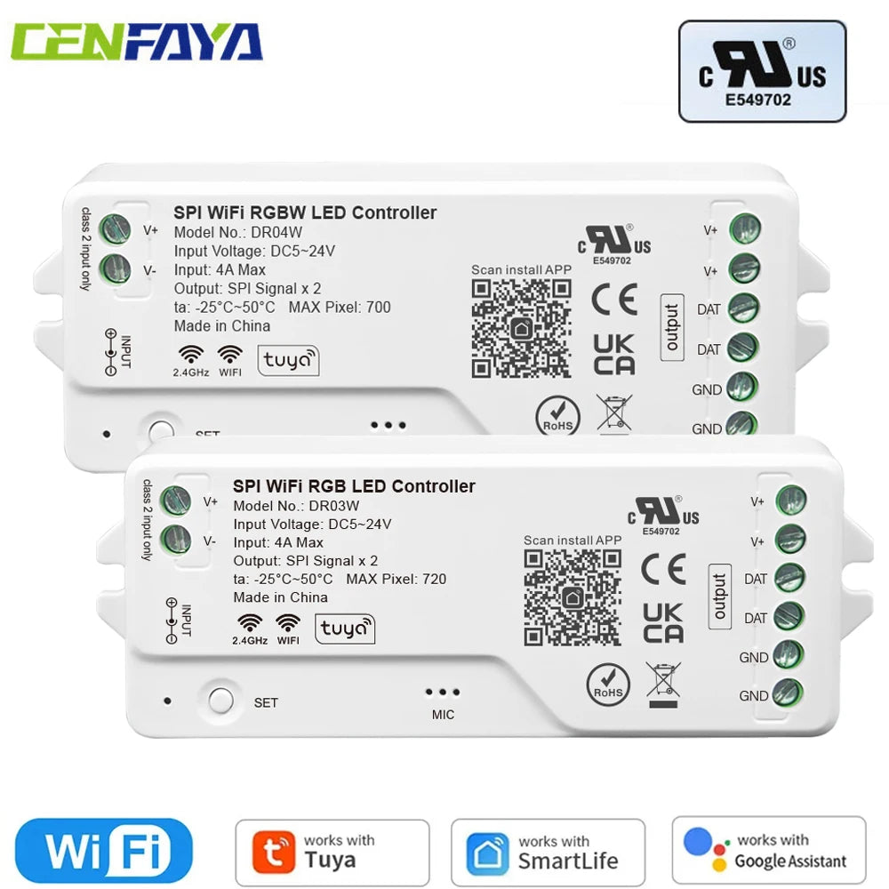 SPI RGB RGBW 2.4G WiFi LED Controller UL Certified Tuya APP/Smart Life/Google Home/Alexa Control Support WS2812B WS2811 WS2815