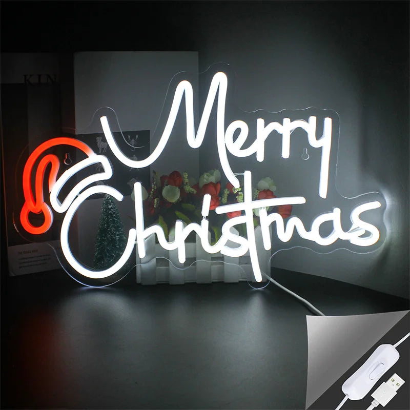 Merry White Christmas Santa Hat LED Neon Sign (USB-Dimmable, 43cm x 26cm)