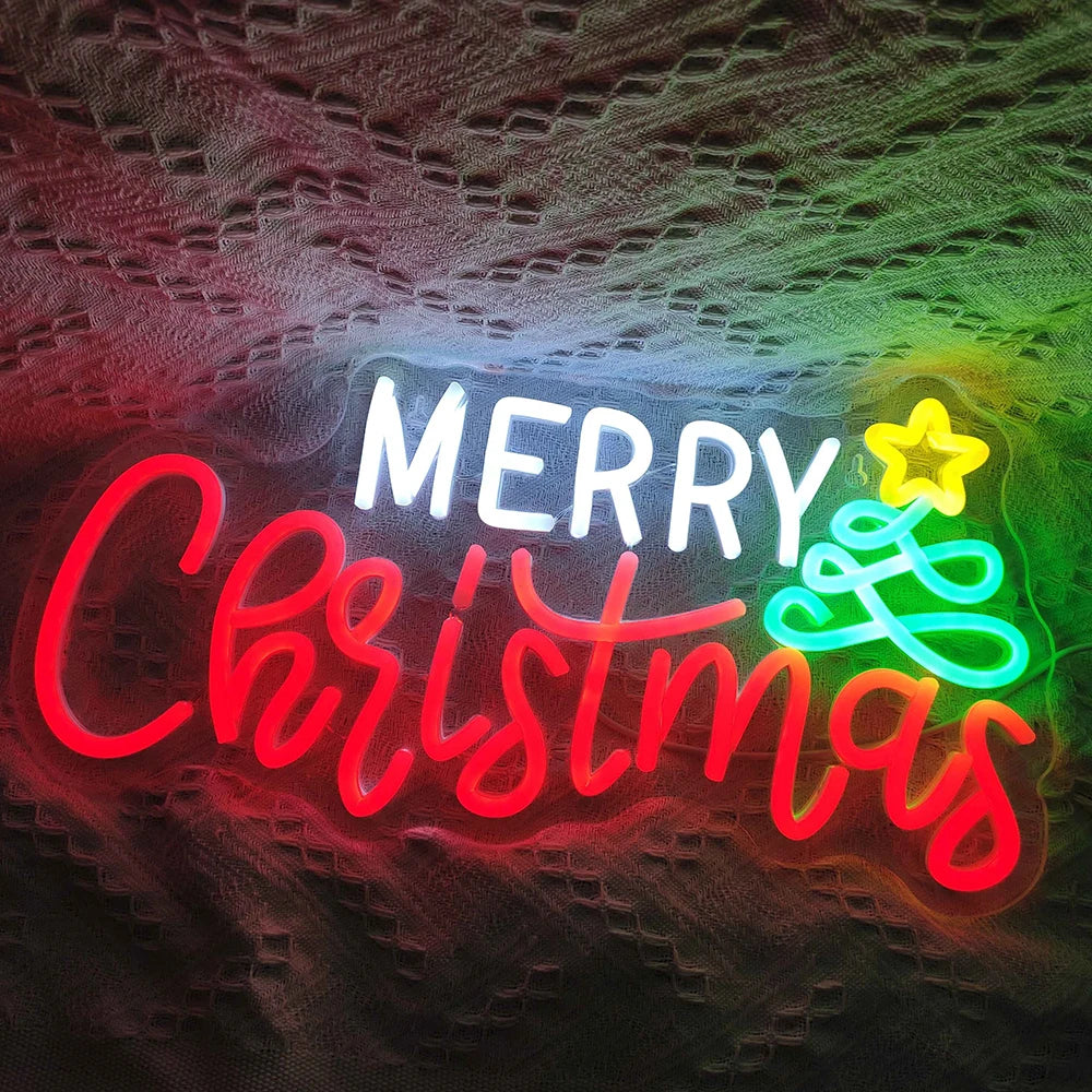 Merry Christmas Tree & Star USB LED Neon Sign (Dimmable, 42cm x 25cm)