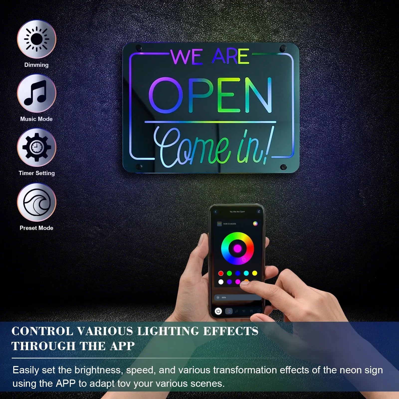Open Sign "WE'RE OPEN - Come In" (Mirror, RGB, USB-Powered)