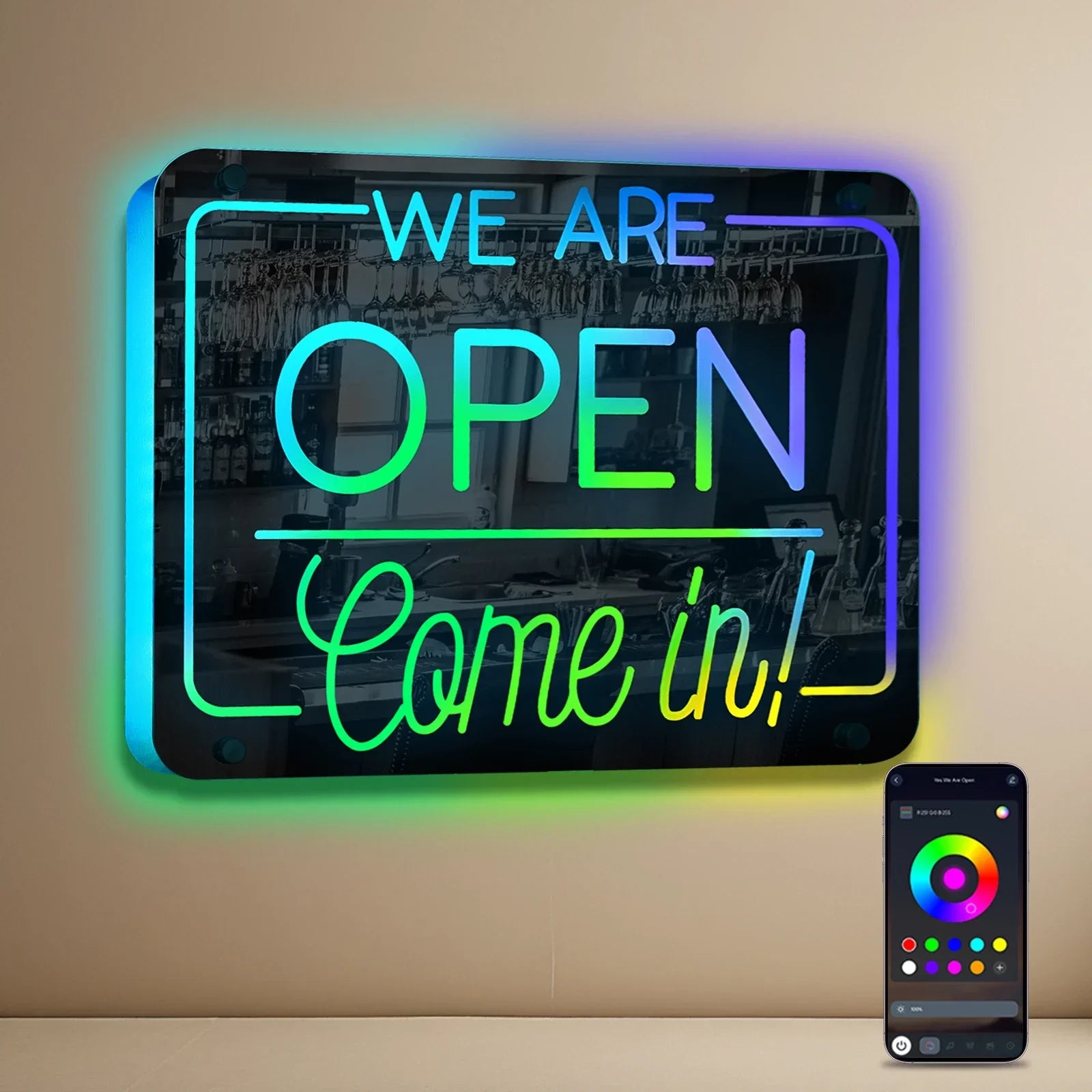 Open Sign "WE'RE OPEN - Come In" (Mirror, RGB, USB-Powered)