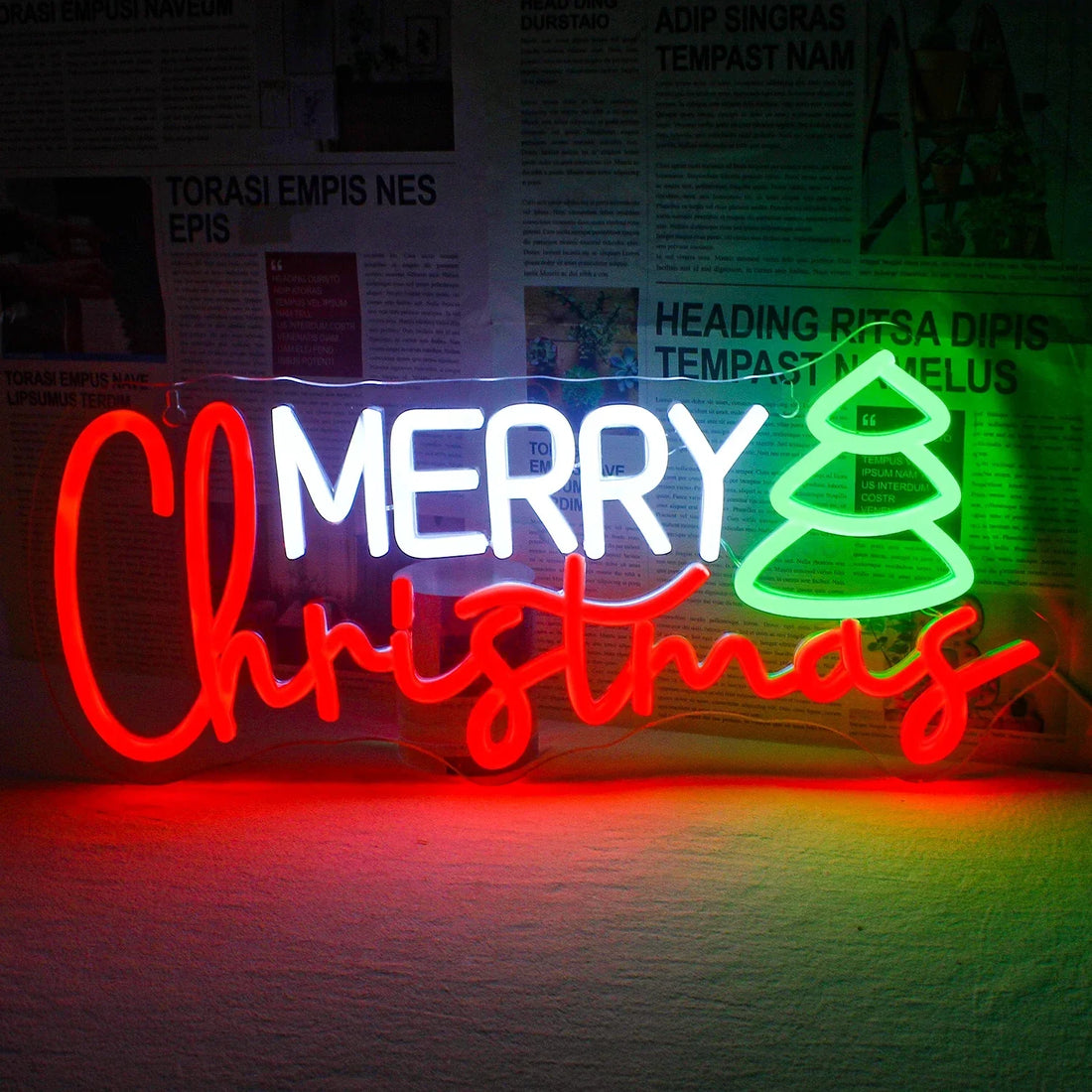 Merry Christmas Tree Icon LED Neon Sign (USB-Dimmable 42cm x 19cm)