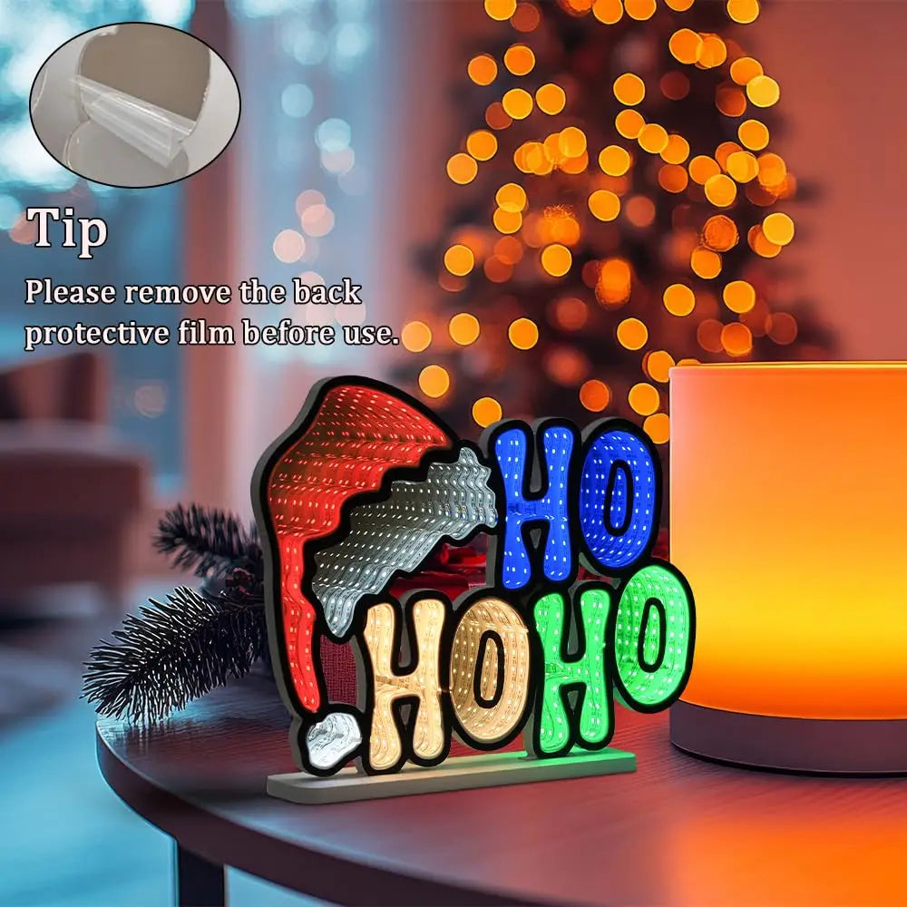 HO HO HO Santa Hat Infinity Mirror Light (USB Powered, 13.58in x 10.43in)
