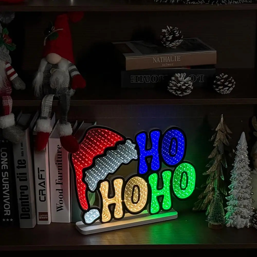 HO HO HO Santa Hat Infinity Mirror Light (USB Powered, 13.58in x 10.43in)