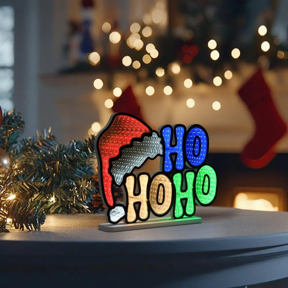 HO HO HO Santa Hat Infinity Mirror Light (USB Powered, 13.58in x 10.43in)