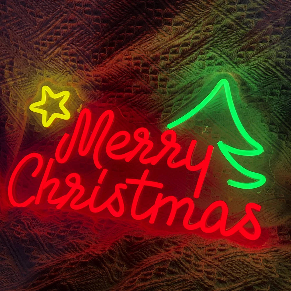 Merry Christmas Tree & Star USB LED Neon Sign (Switched, 42cm x 27cm)