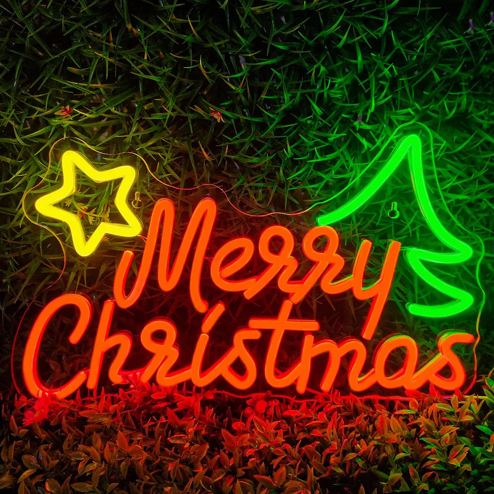Merry Christmas Tree & Star USB LED Neon Sign (Switched, 42cm x 27cm)