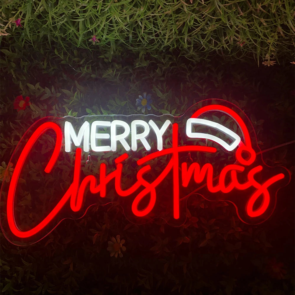 Merry Christmas Santa Hat USB LED Neon Sign (Switched, 42cm x 24cm)