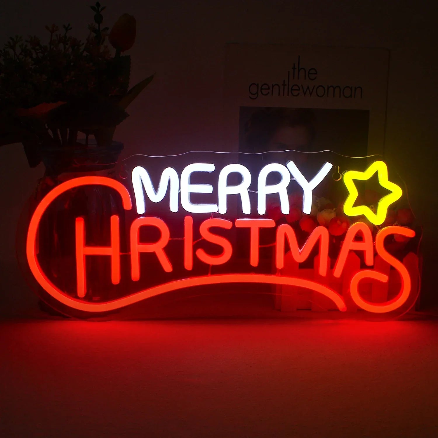 Merry Christmas with Yellow Star LED Neon Sign (USB-Dimmable 42cm x 18cm)