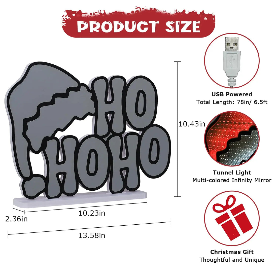 HO HO HO Santa Hat Infinity Mirror Light (USB Powered, 13.58in x 10.43in)