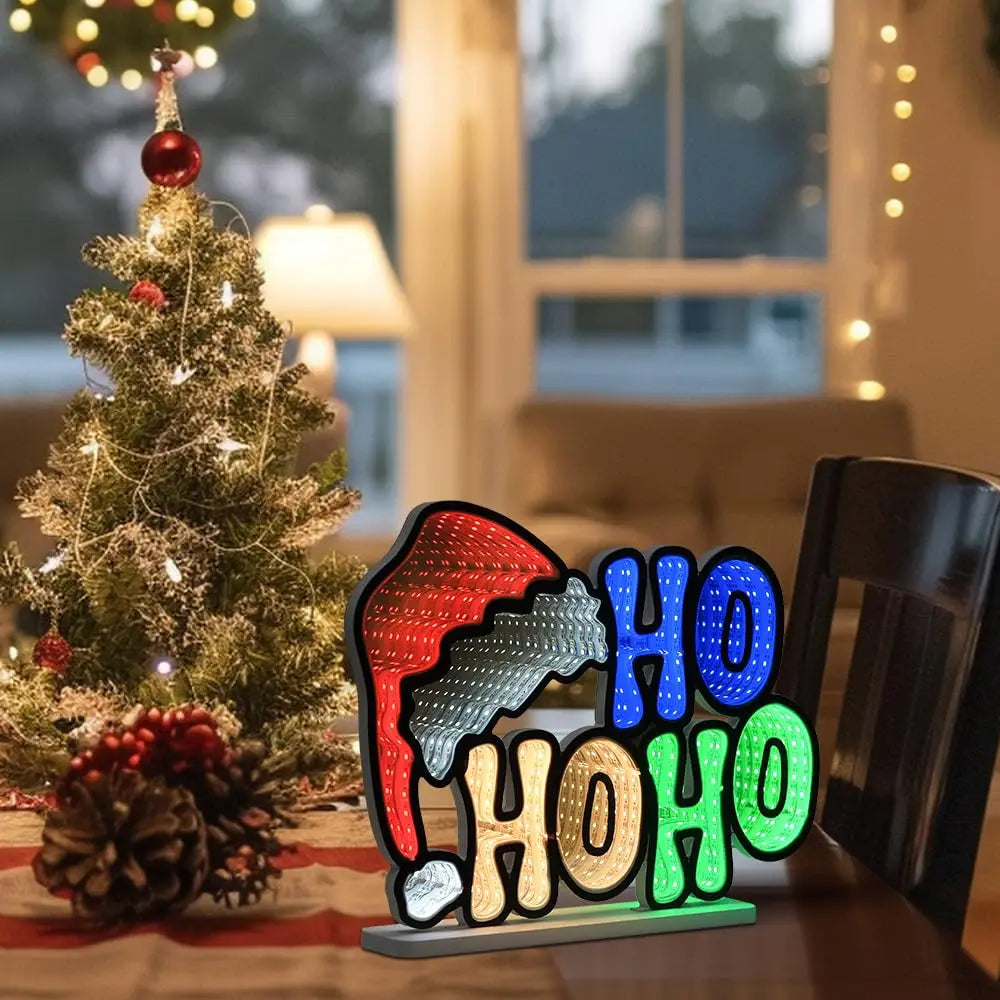 HO HO HO Santa Hat Infinity Mirror Light (USB Powered, 13.58in x 10.43in)