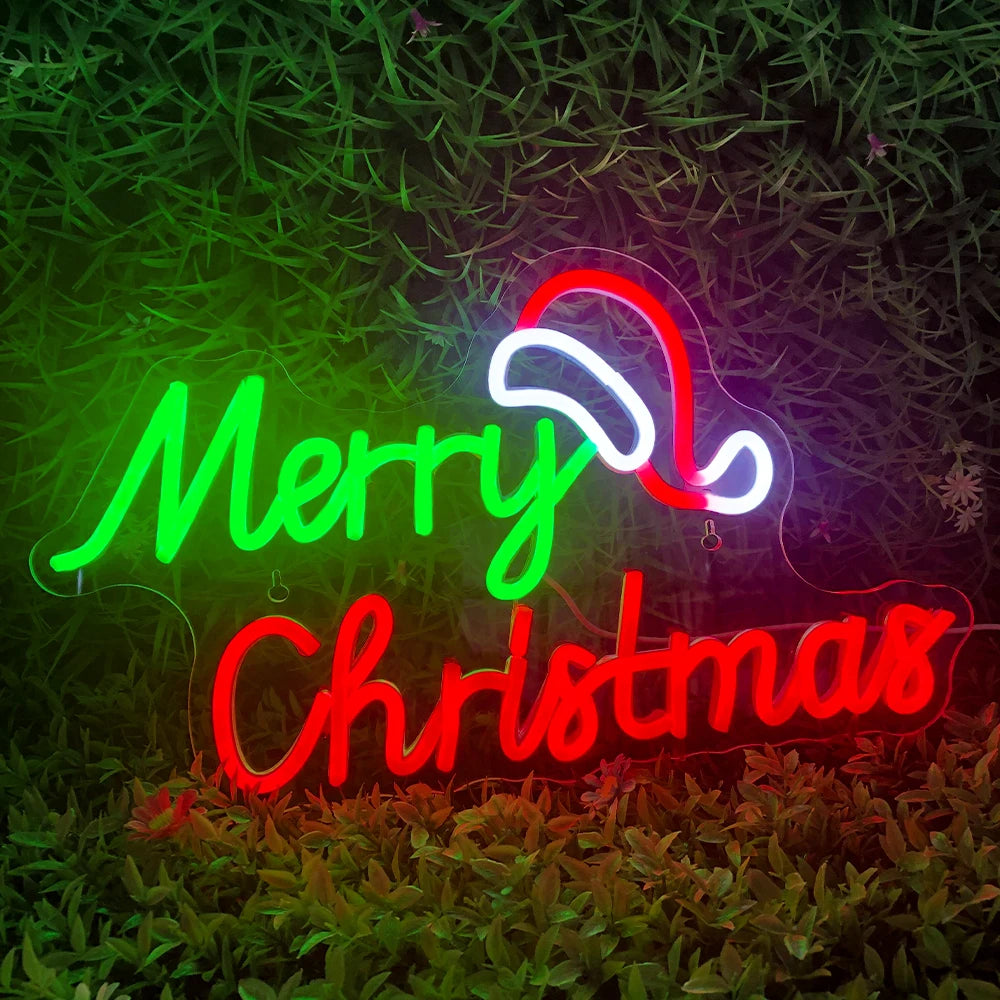 Merry Christmas Santa Hat LED Neon Sign (Switched, 43cm x 26cm)