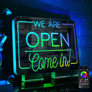 Open Sign "WE'RE OPEN - Come In" (Mirror, RGB, USB-Powered)