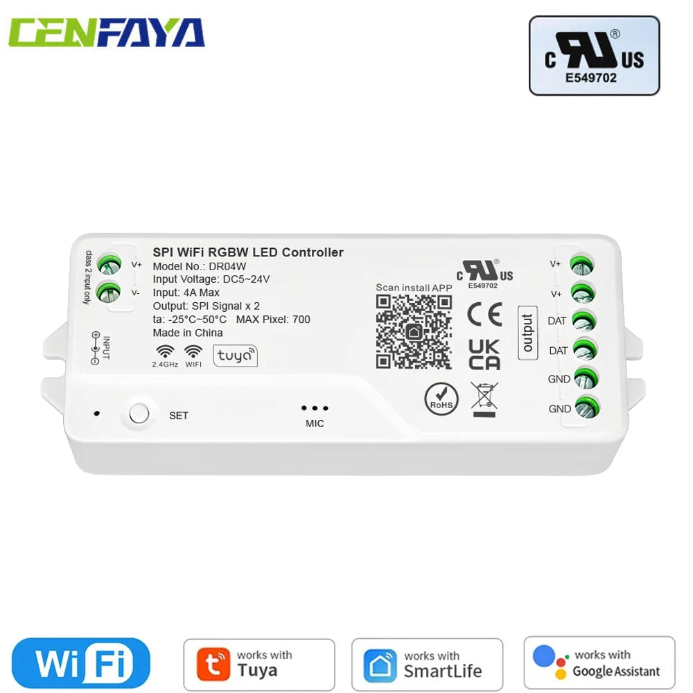 SPI RGB RGBW 2.4G WiFi LED Controller UL Certified Tuya APP/Smart Life/Google Home/Alexa Control Support WS2812B WS2811 WS2815