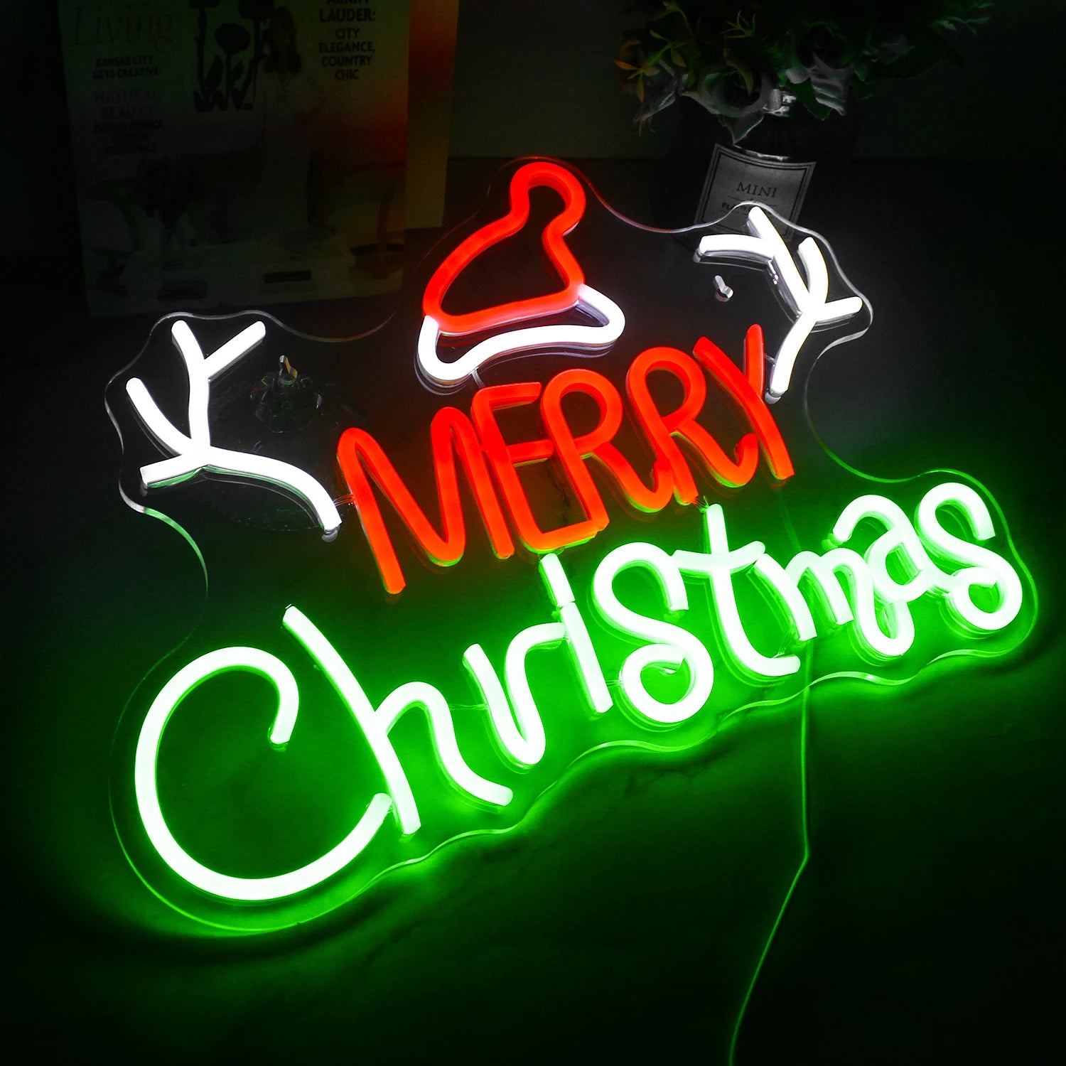 Merry Christmas Antlers LED Neon Sign (Switched, 42cm x 27cm)