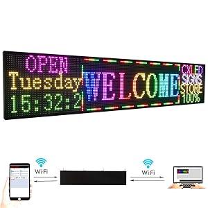 P10 Semi-Outdoor Scrolling LED Sign – 77" x 14" Full Color WiFi Programmable Display