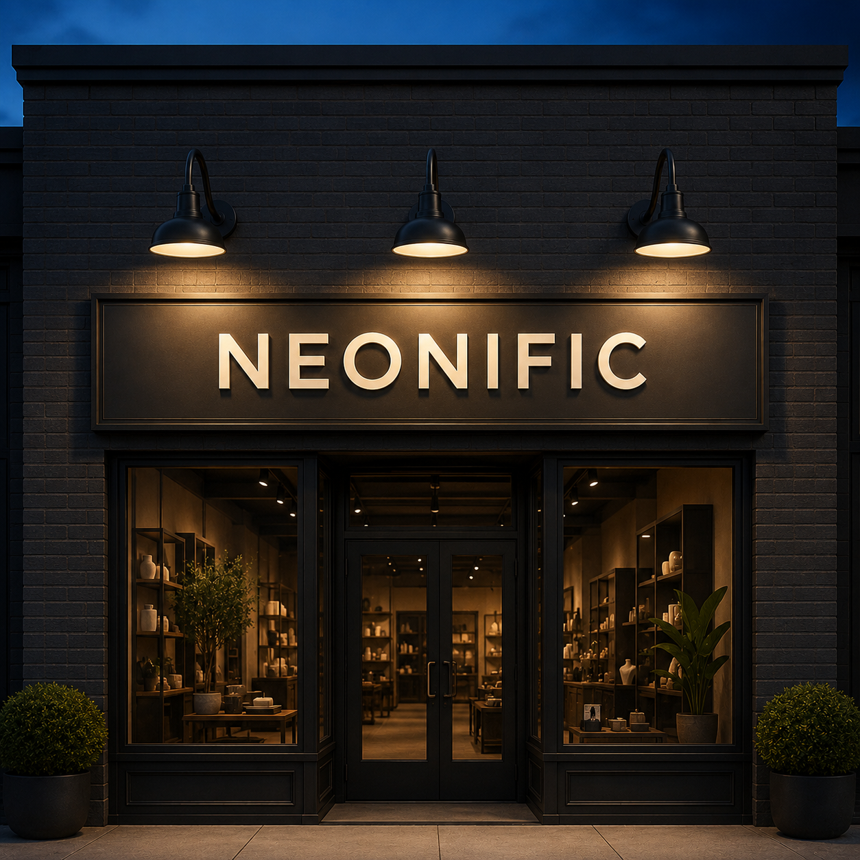 Three LED gooseneck lights illuminating an outdoor storefront sign