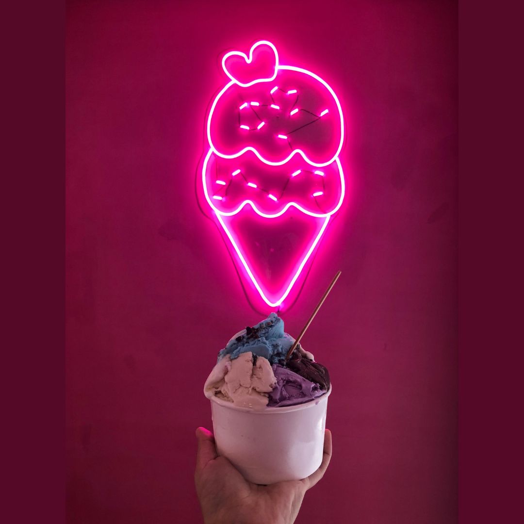 pink neon sign in ice cream shape